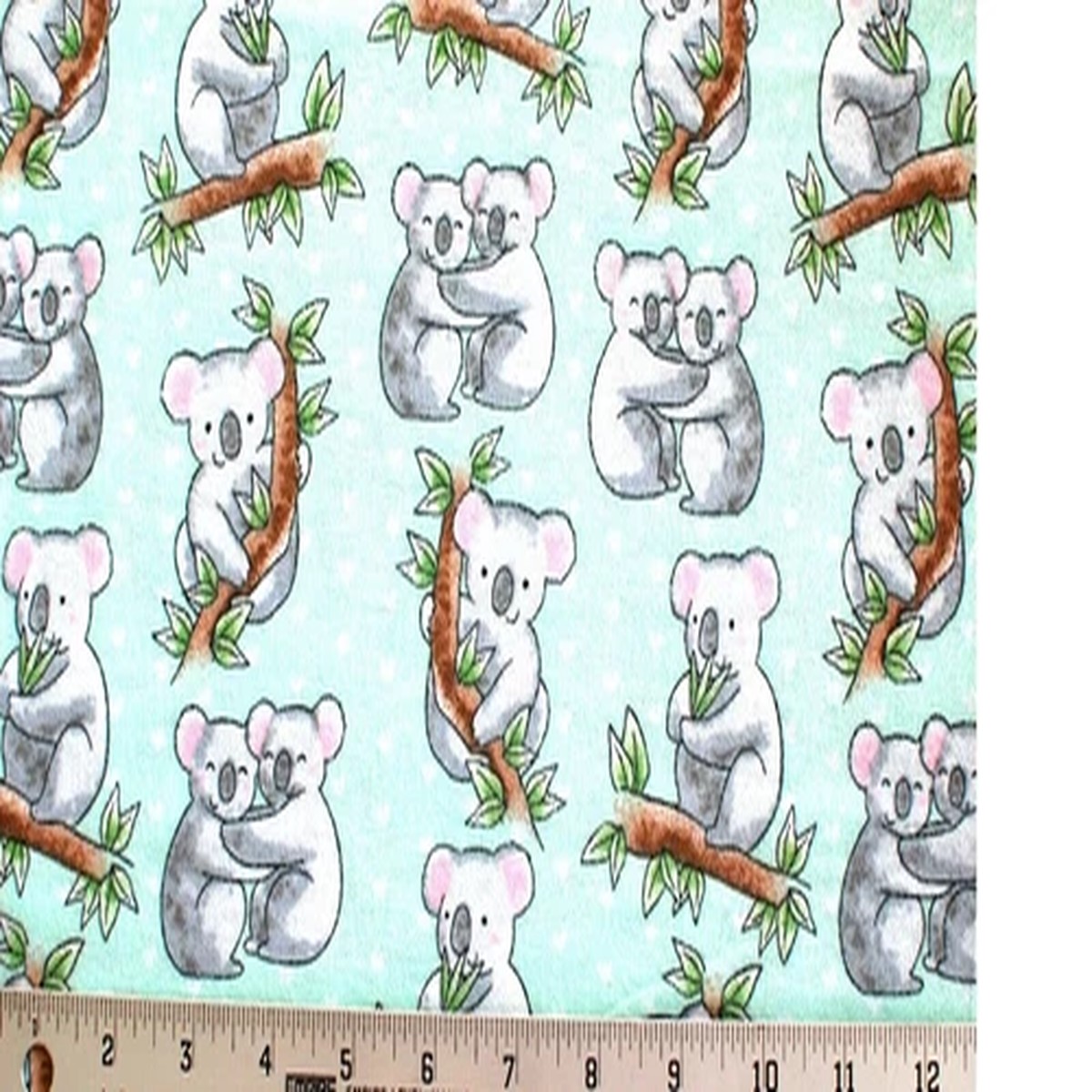 BTY*CUDDLING BABY KOALA BEARS ON MINT FLANNEL 100% COTTON FABRIC 1 YD 42X36"