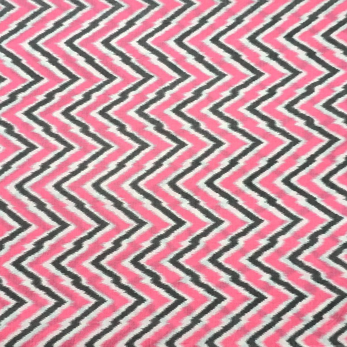 Pure Cotton Screen Print Pink With Dark Grey Zig-Zag Fabric