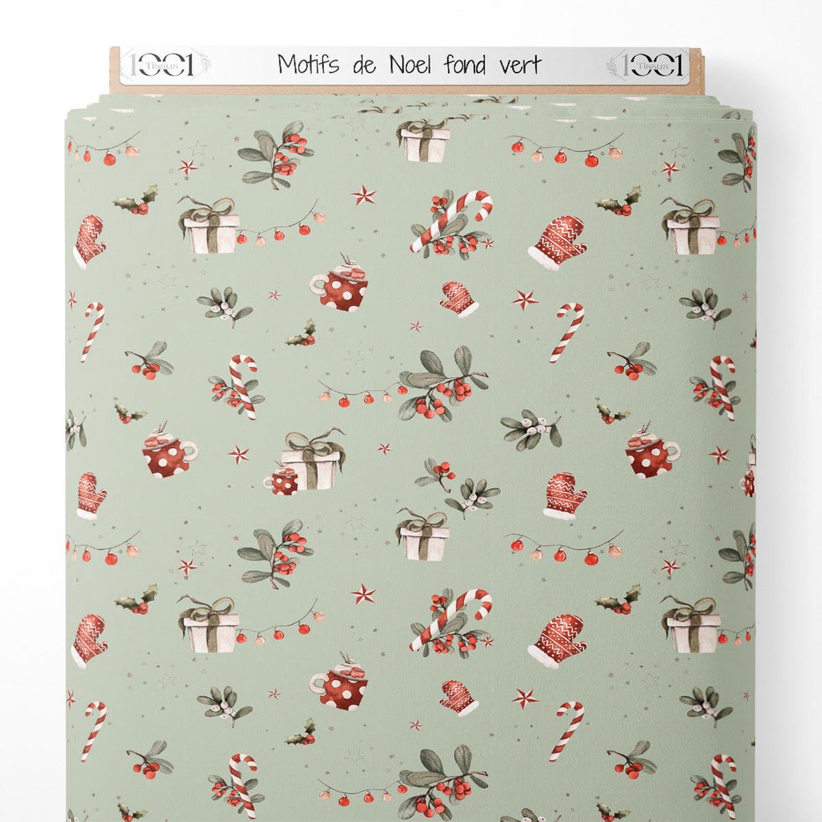 Tissu - Motifs de Nol sur fond vert