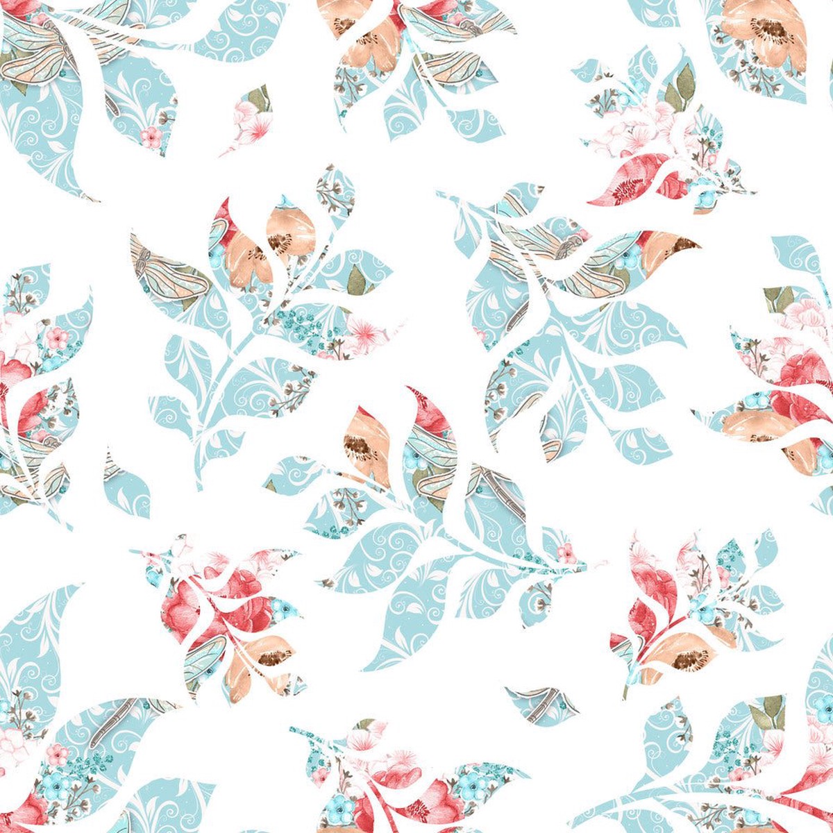 Sweet Dragonfly Floral Leaves Fabric
