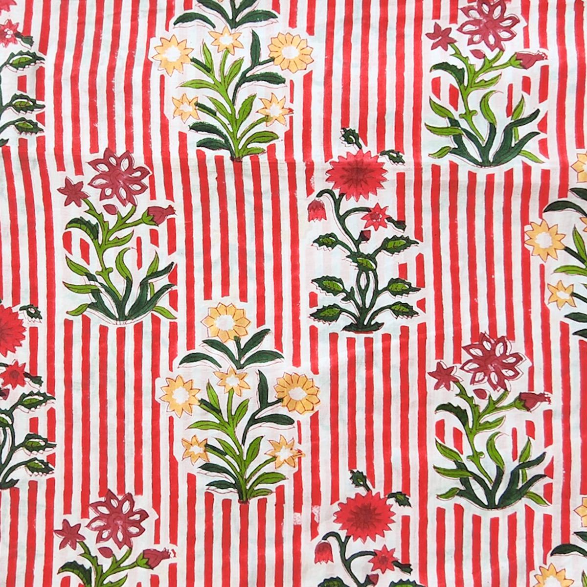 Pure Cotton Jaipuri Off White With Red Stripes And Flower Plant Motif Hand Block Print Fabric