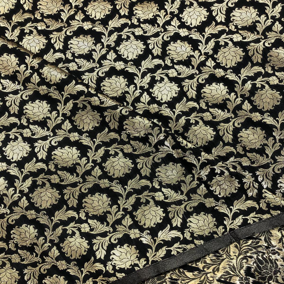 Black gold banarasi brocade fabric, Wedding inspiration, Damask jacquard brocade, Floral brocade, Home dcor fabric - NFAF184