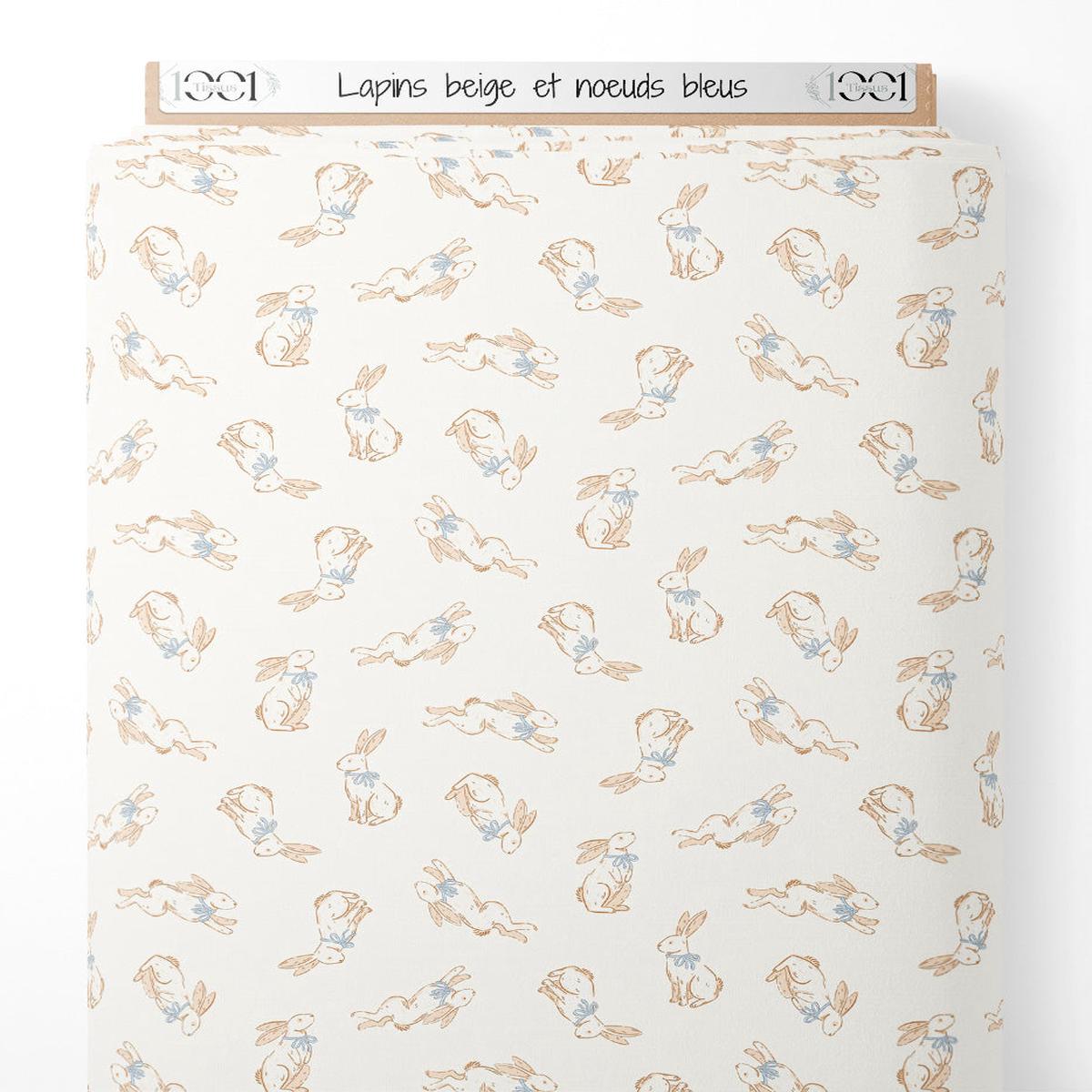 Tissu - Lapins beige et nuds bleus