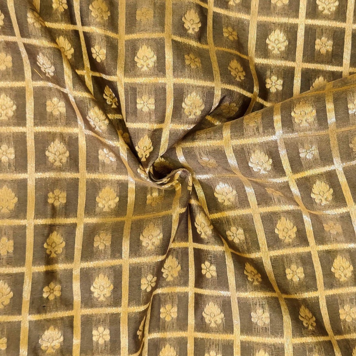 Grey Brown Brocade With Gold Woven Checks With Tiny Motifs Hand Woven Fabric