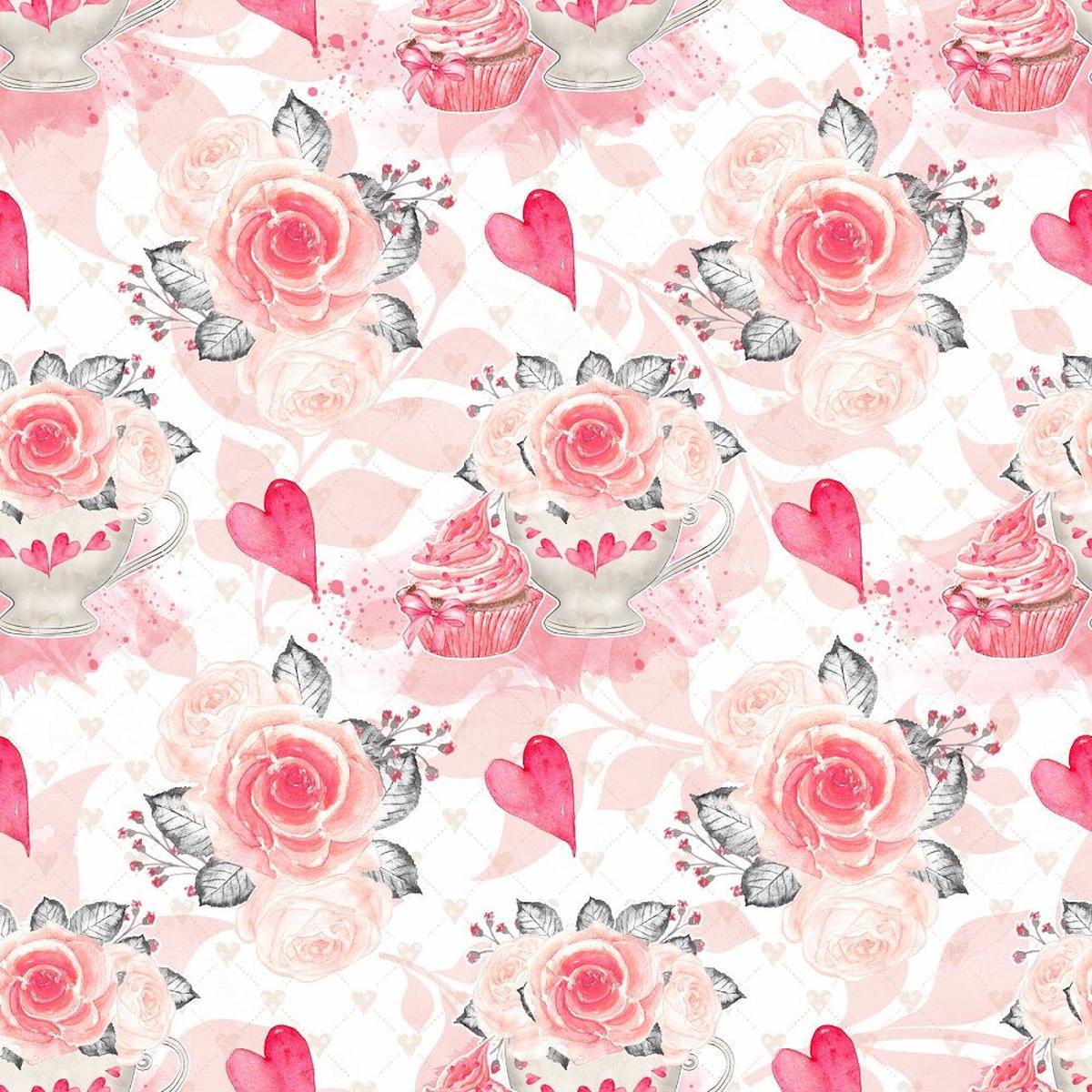 Sweet Valentine Cupcakes on Leaves Fabric - White