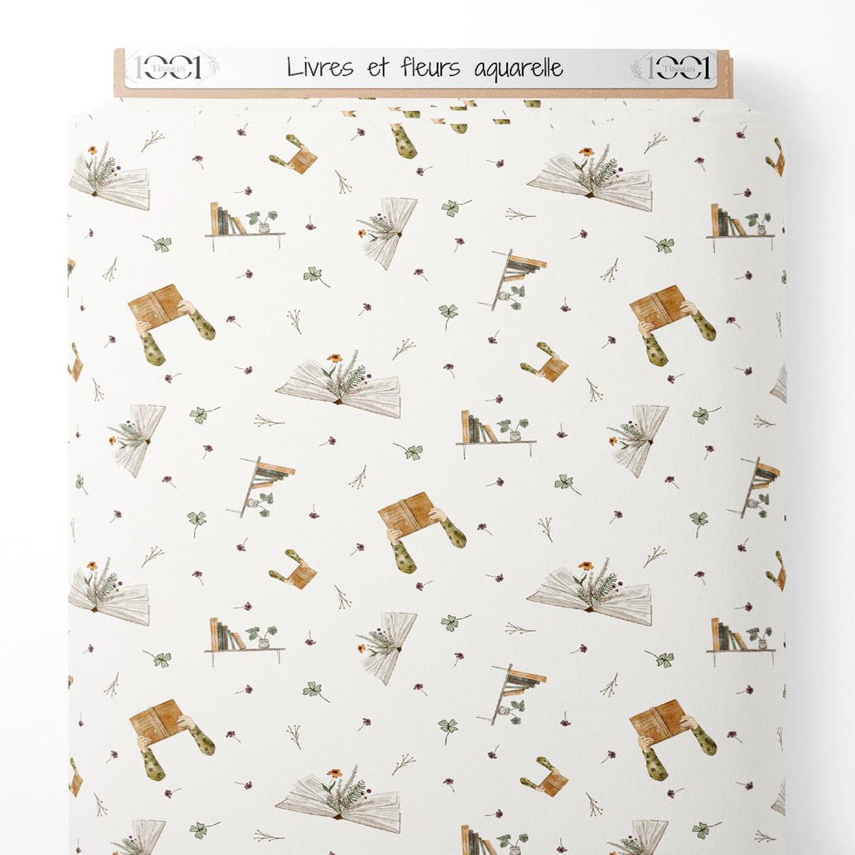 Tissu - Livres et fleurs aquarelle