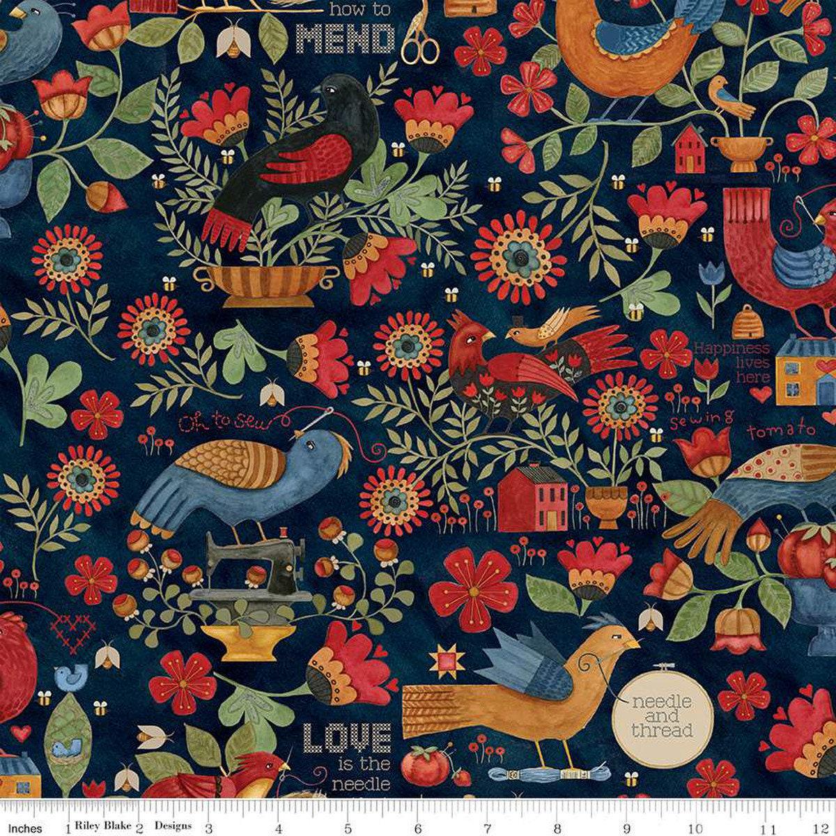 22" End of Bolt - Stitchy Birds Main C12600 Midnight by Riley Blake - Sewing Flowers Text Houses Beehives Folk Art - Quilting Cotton