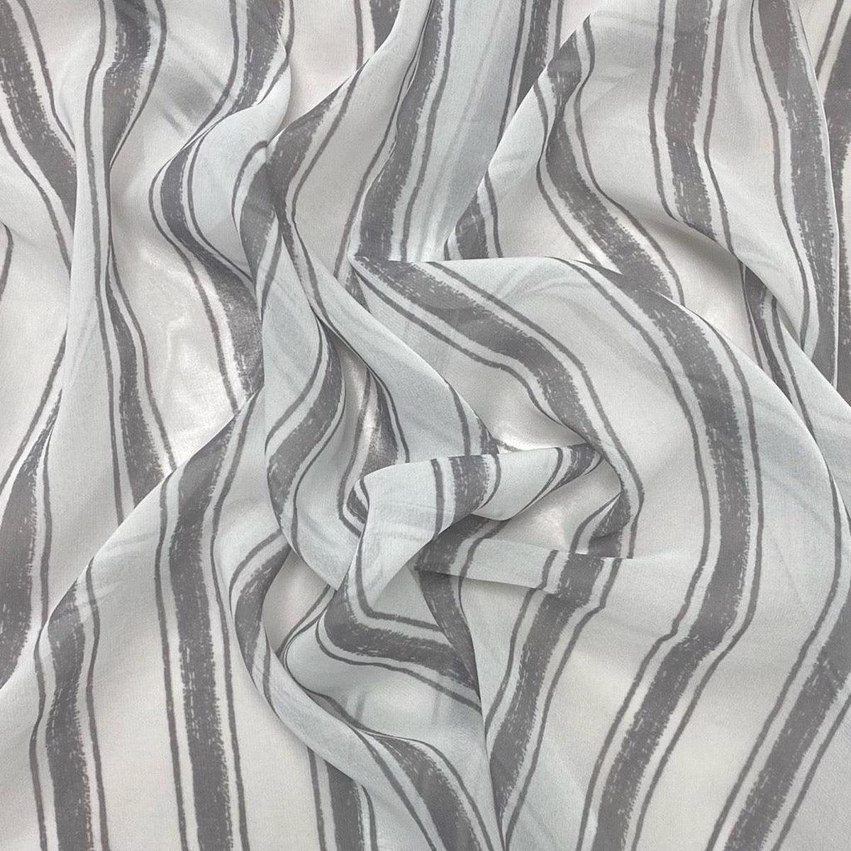 Grey Stripes on White Chiffon Fabric - 3m Pre-cut