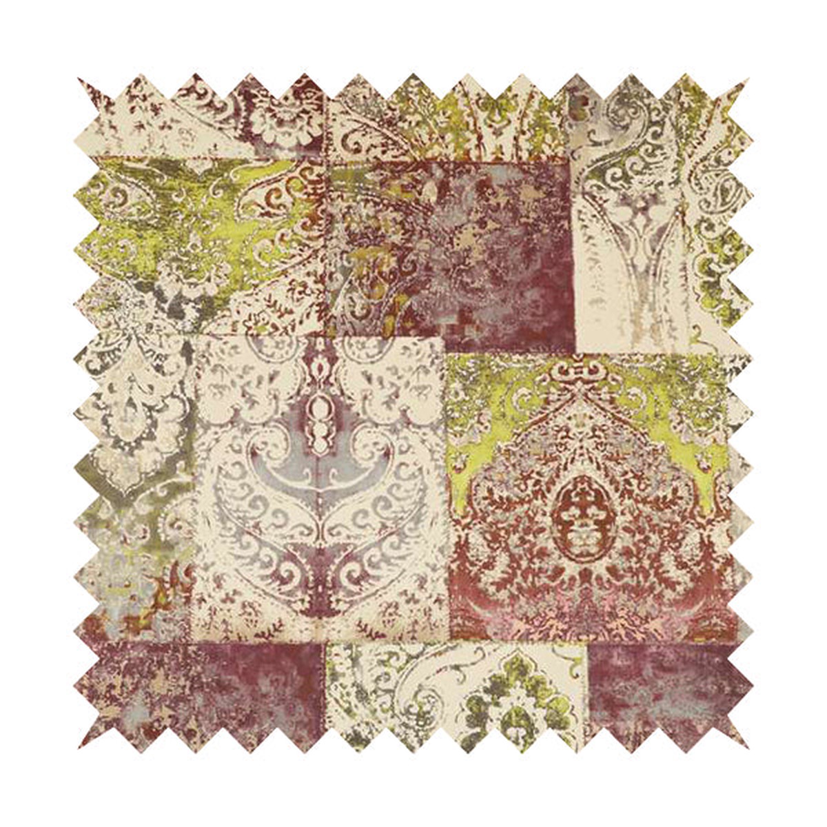 Amalfi Patchwork Pattern Printed Velvet Purple Green Colour Upholstery Fabric