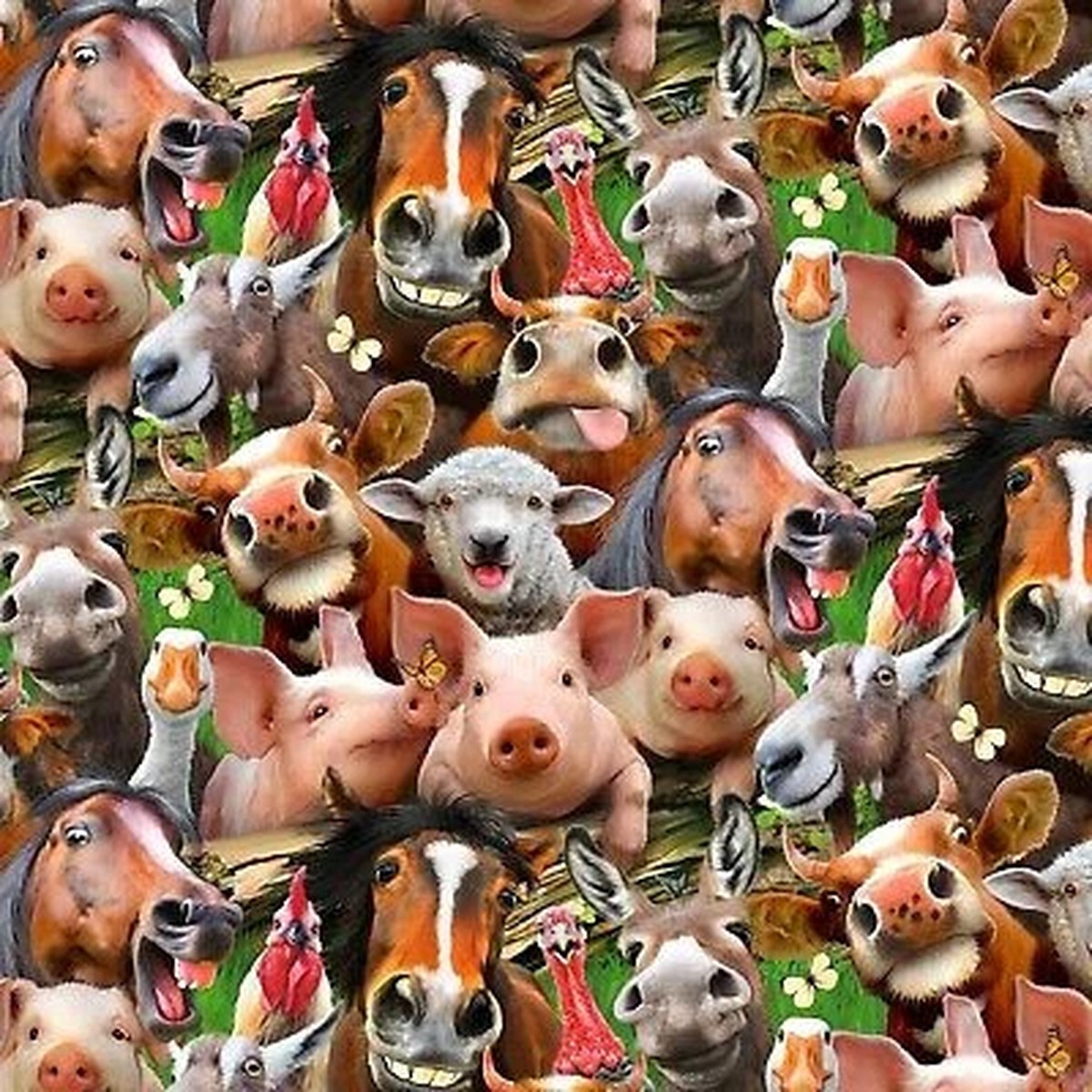 Animal Fabric - Farm Selfies Horse Pig Sheep - Elizabeth's Studio YARD