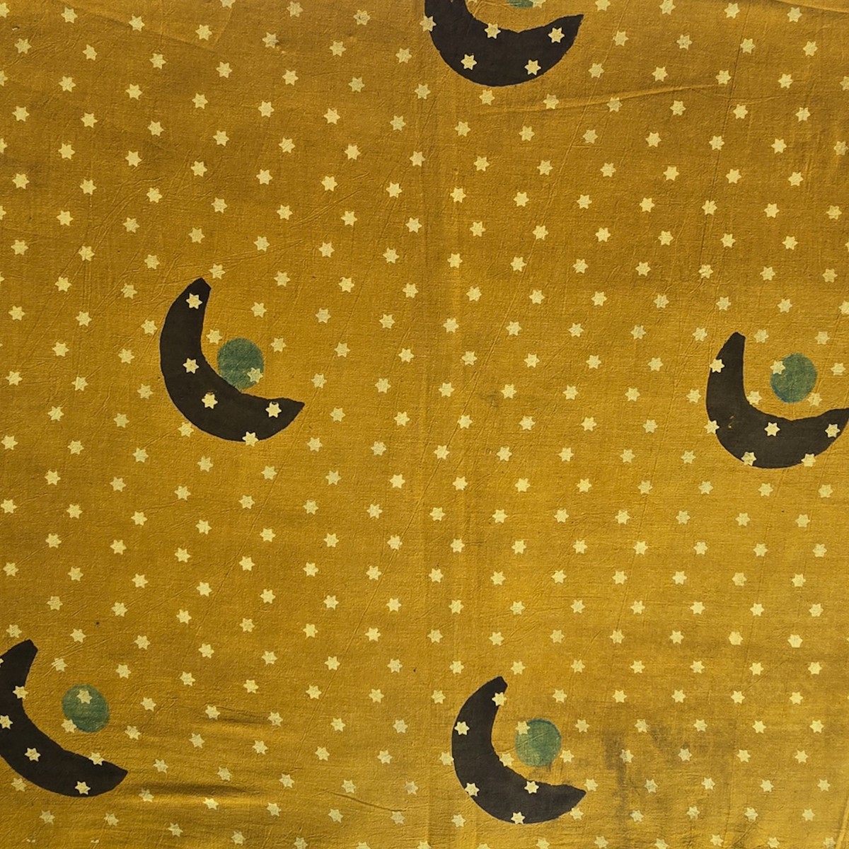 Pure Cotton Ajrak Yellow With Brown Moon And Cream Stars Hand Block Print Fabrics
