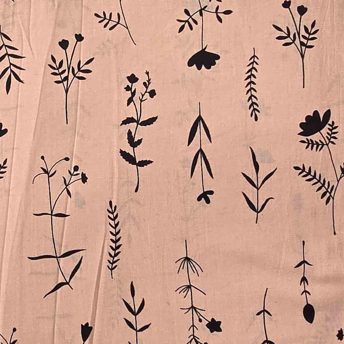 Pure Cotton Dabu Light Peach With Black Flower Intricate Design Hand Block Print Fabric