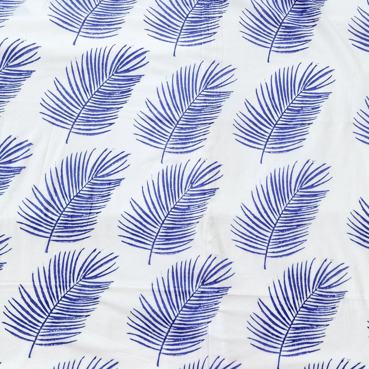 Pure Cotton Jaipuri White With Blue Leaves Hand Block Print Fabric