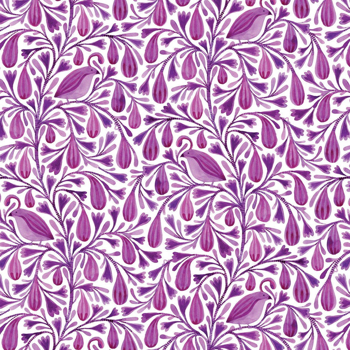 Dark Magenta Prince Birds and Branches Cotton 44/45 Fabric Per Yard