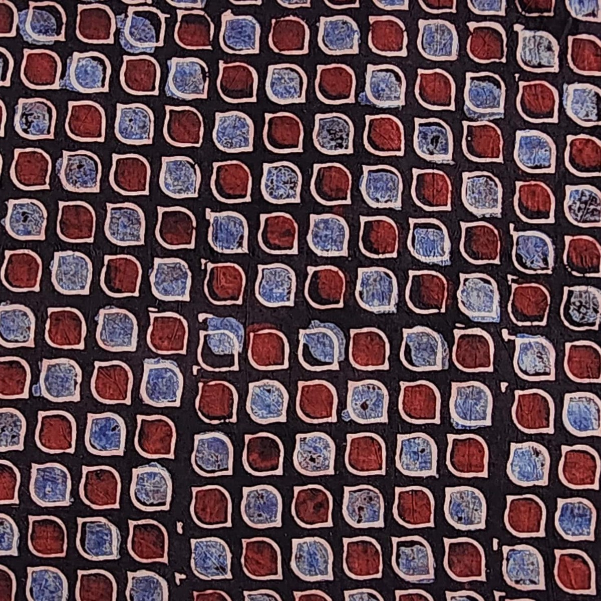Pure Cotton Ajrak Black With Rust Blue And Rust Marron Small Square Hand Block Print Fabric