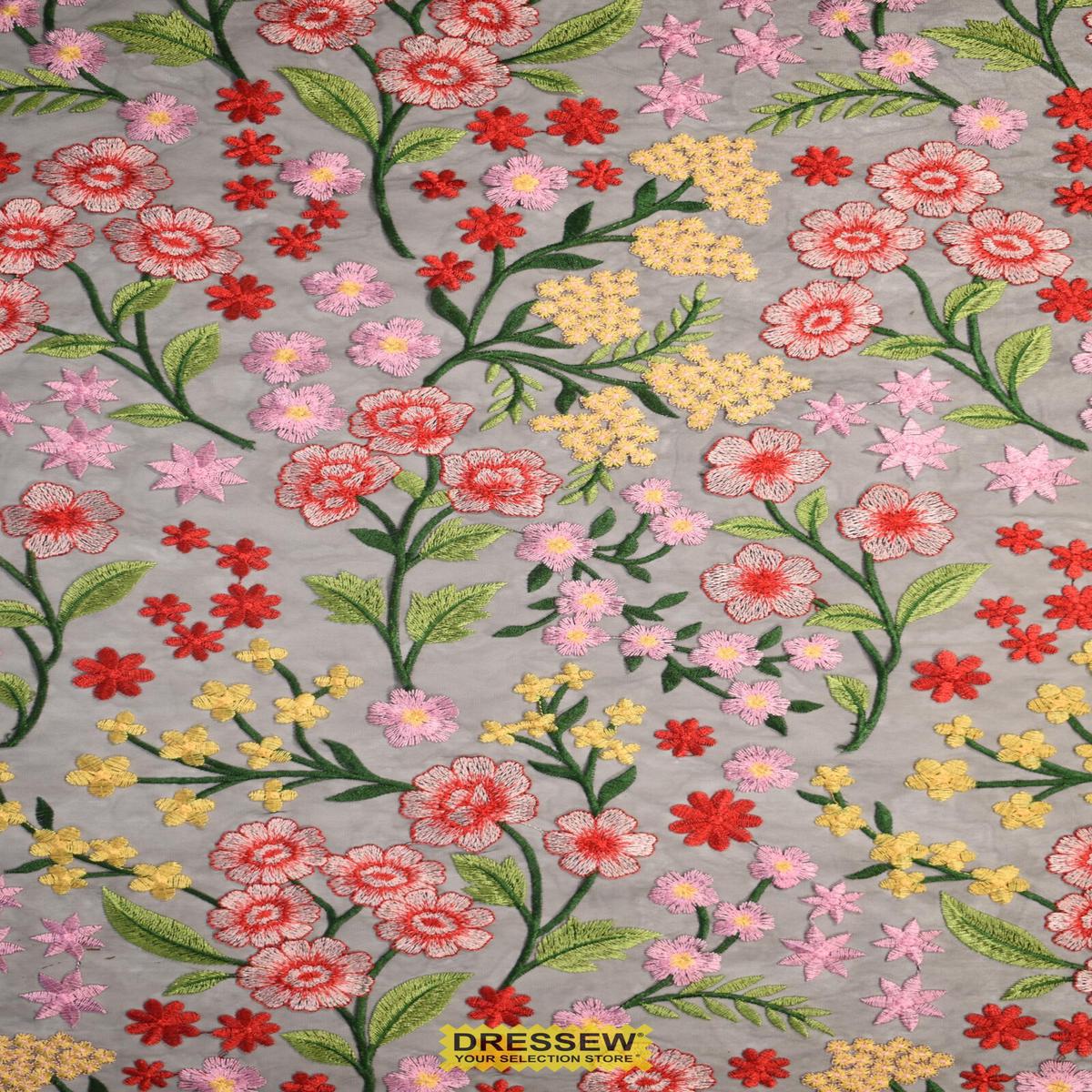 Secret Garden Embroidered Mesh Black / Red / Pink