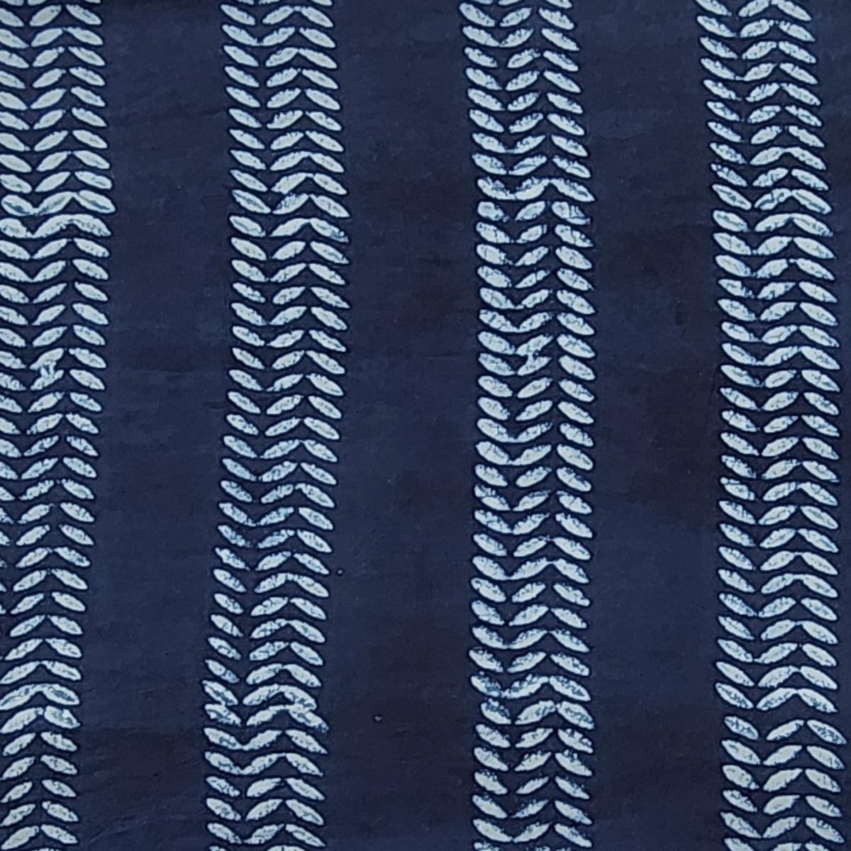 Pure Cotton Akola Indigo With White Leaves Stripes Hand Block Print Fabric