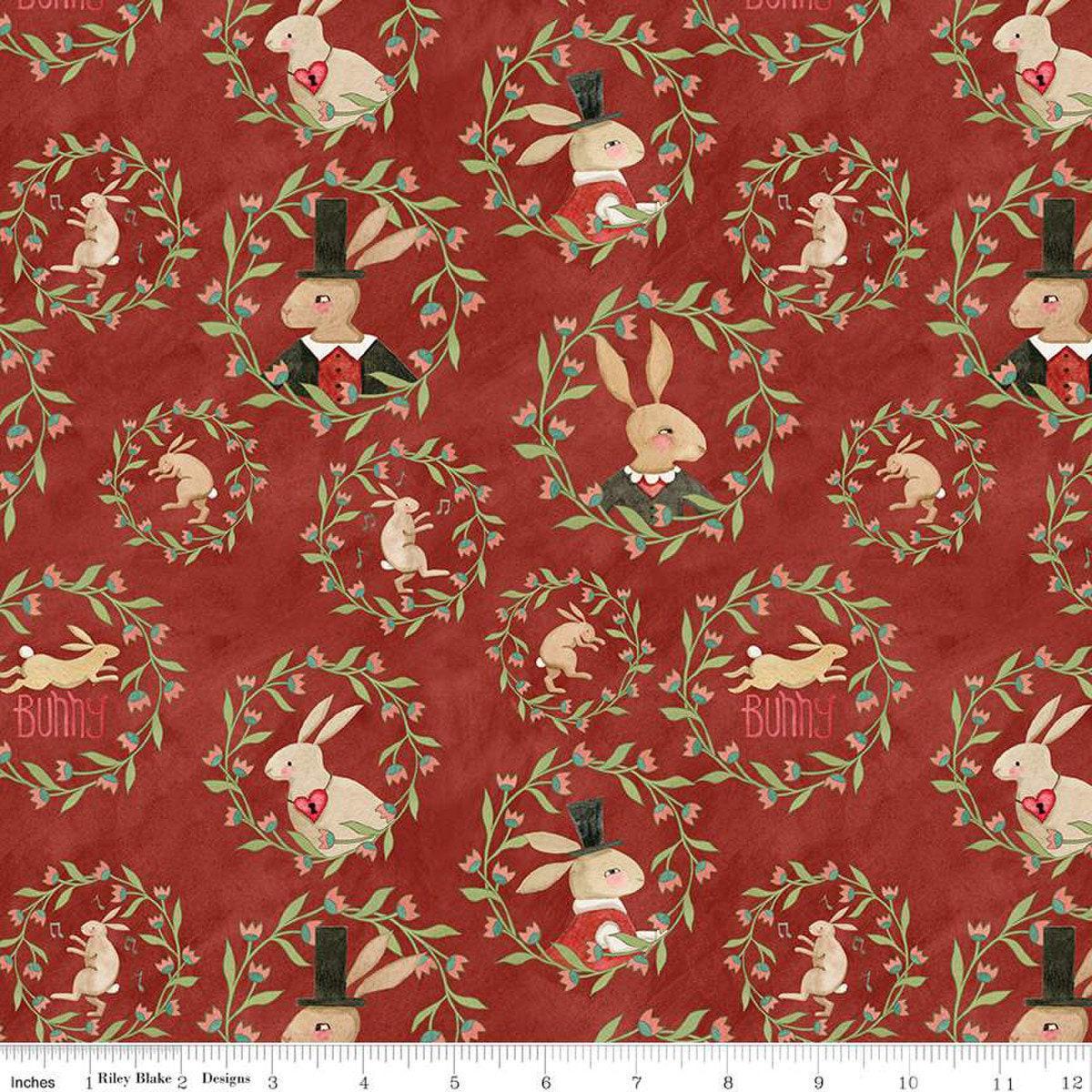 SALE Hop Hop Hooray Bunny Wreaths C14272 Red - Riley Blake Designs - Easter Folk Art Rabbits - Teresa Kogut- Quilting Cotton Fabric