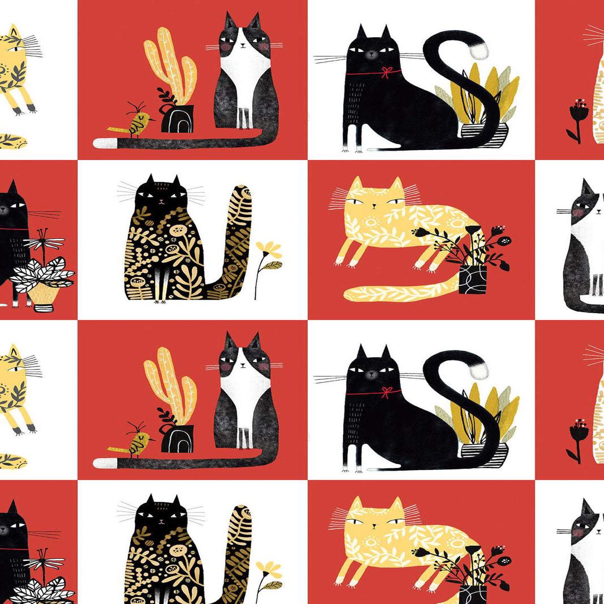 Cosmo Cats Squares By Terry Runyan Red / Multi