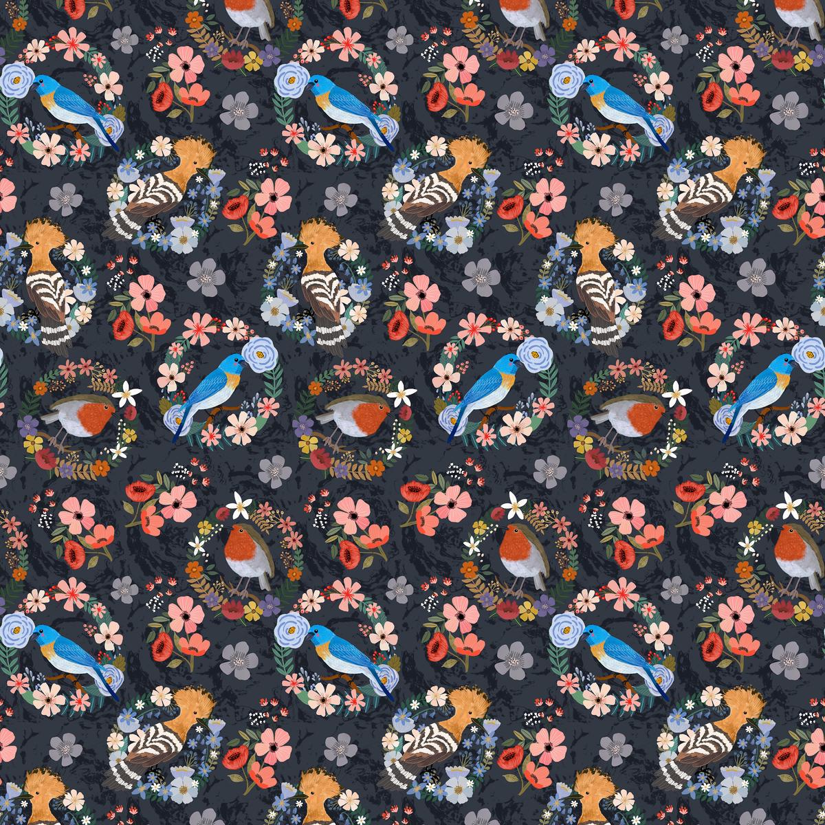 Bird Garden - Wreaths and Blossoms Smoke by Mia Charro for Free Spirit