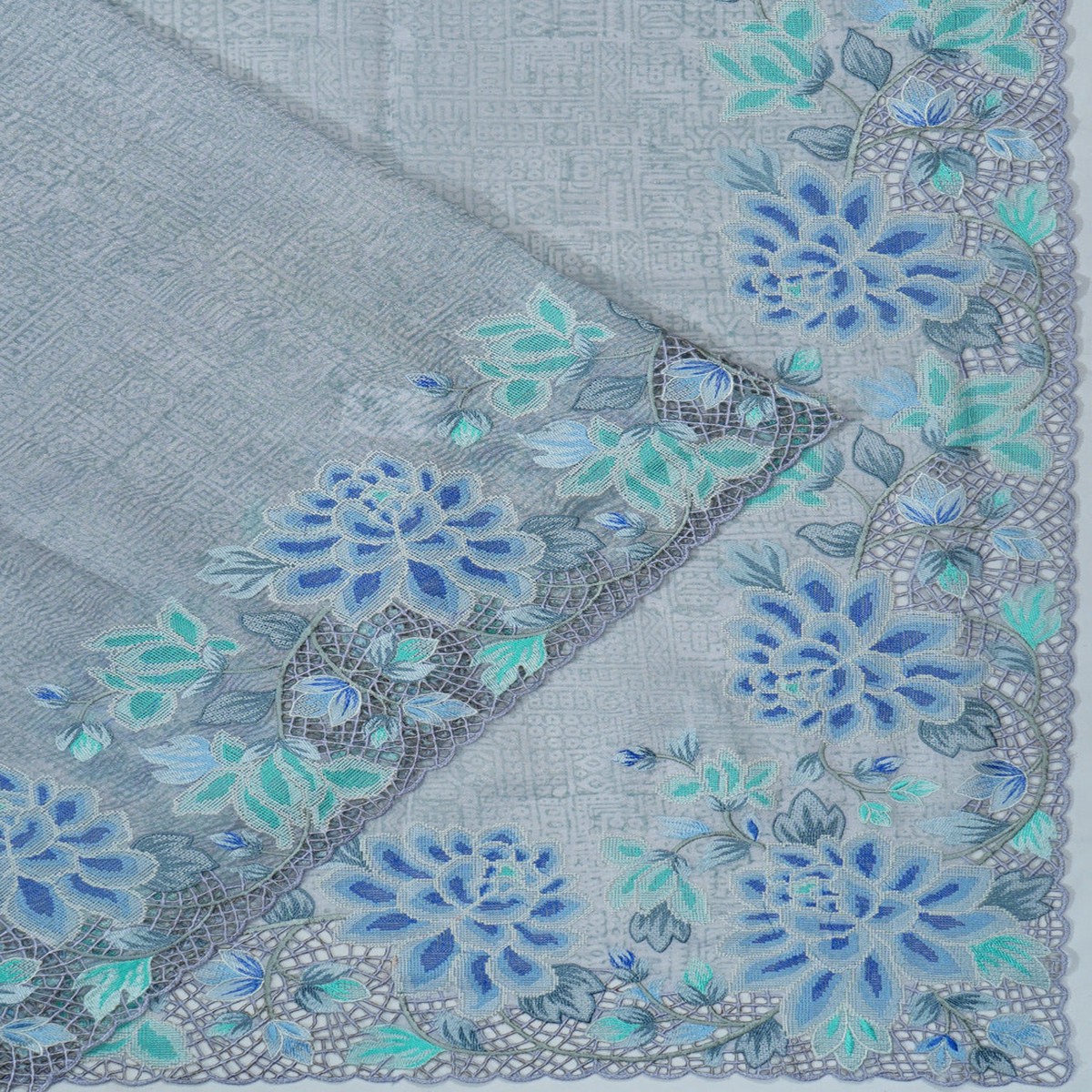 Crushed Organza Tissue Printed Grey Saree With Cut Work Embroidery Border