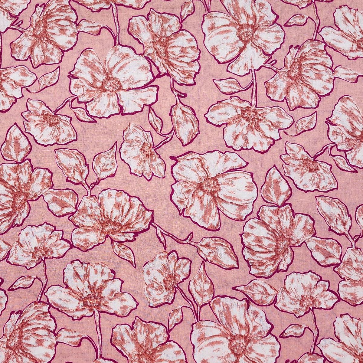 Pure Cotton Peach With Flower Jaal Screen Print Fabric