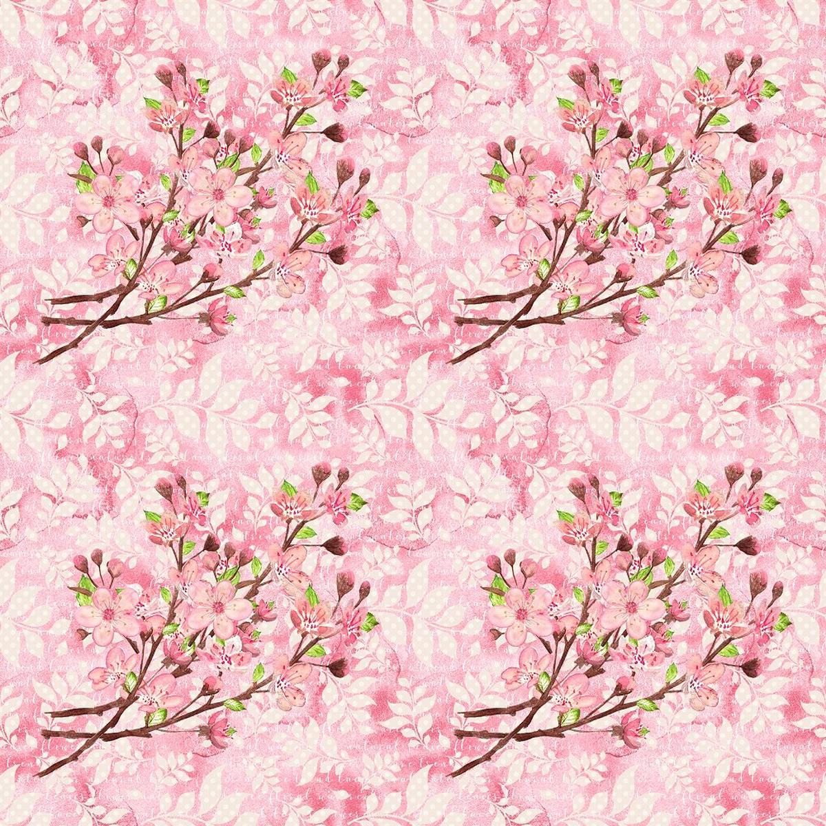 Cherry Blossom Bouquet on Leaves Fabric - Pink