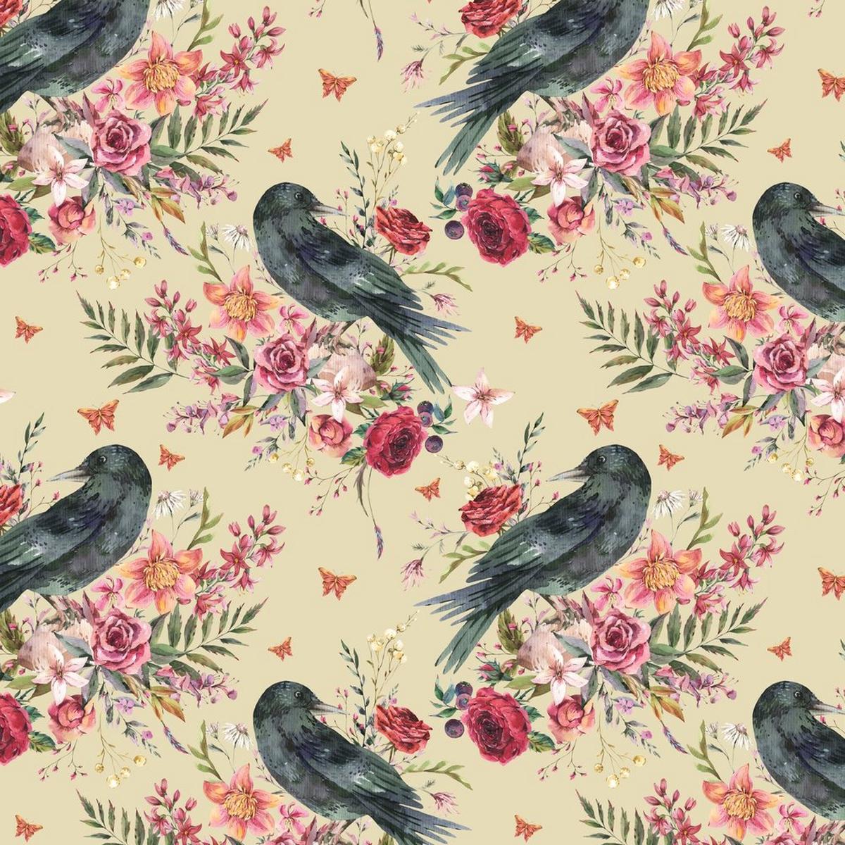 Vintage Florals Ravens Fabric - Tan