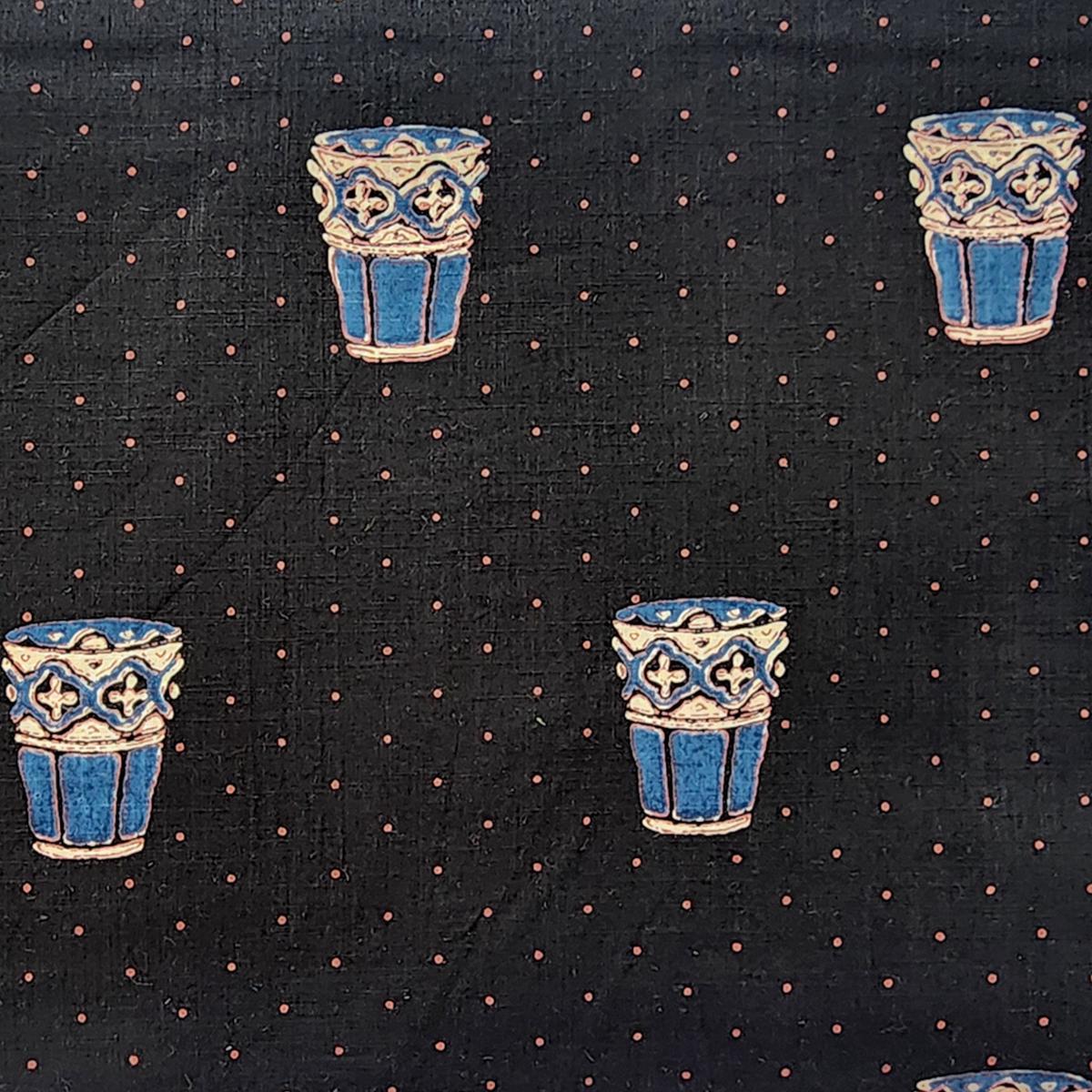 Pure Cotton Screen Print Black With Blue Natural Dyes Kulhad Motif Fabric