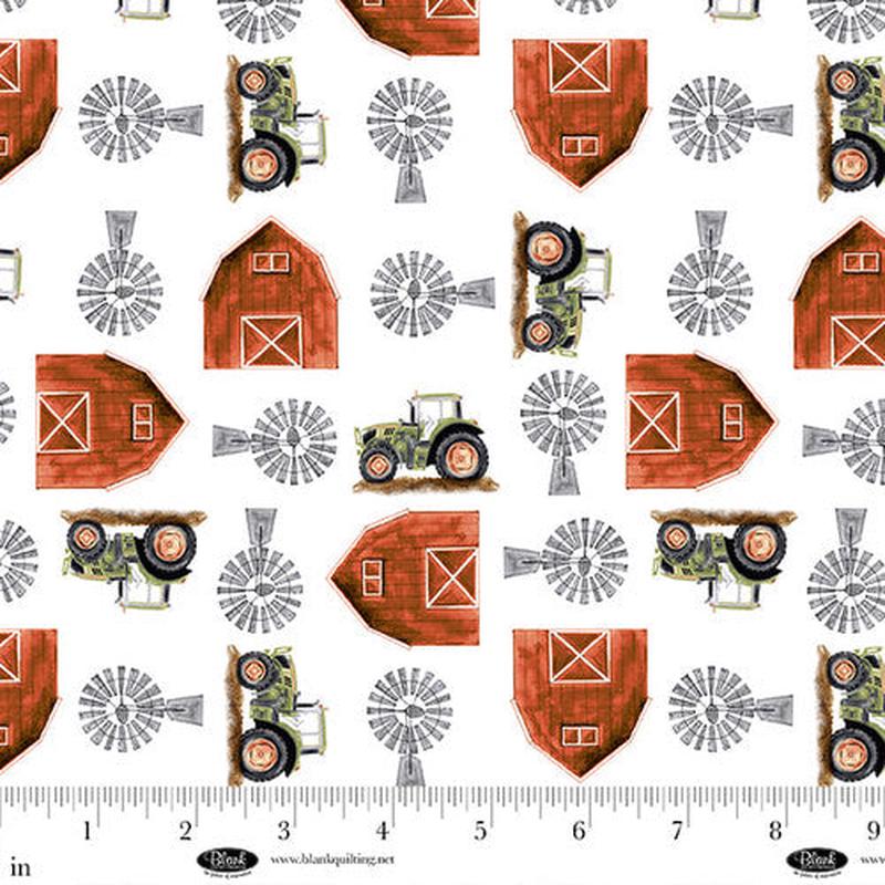 Fabric Blank Quilting White Barns and Tractors Little Seedlings Farm by the Quarter Yard 4382-01