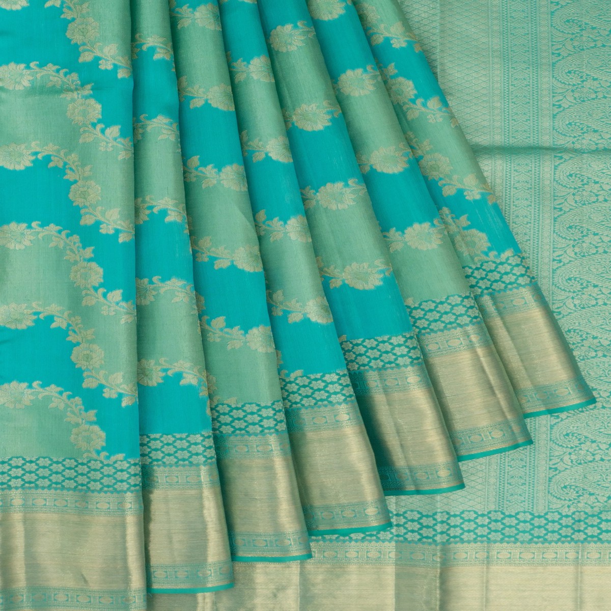 Kanchipuram Silk Jaal Sky Blue And Green Saree