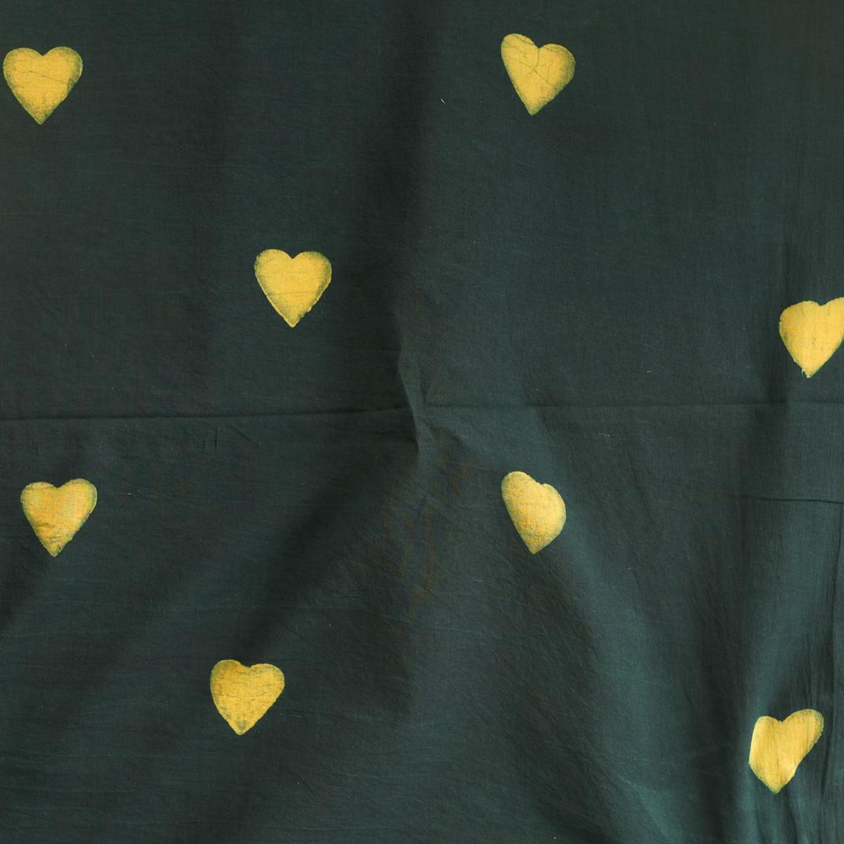 Pure Cotton Akola Dabu Dark Green With Yellow Heart Motifs Block Print Fabric
