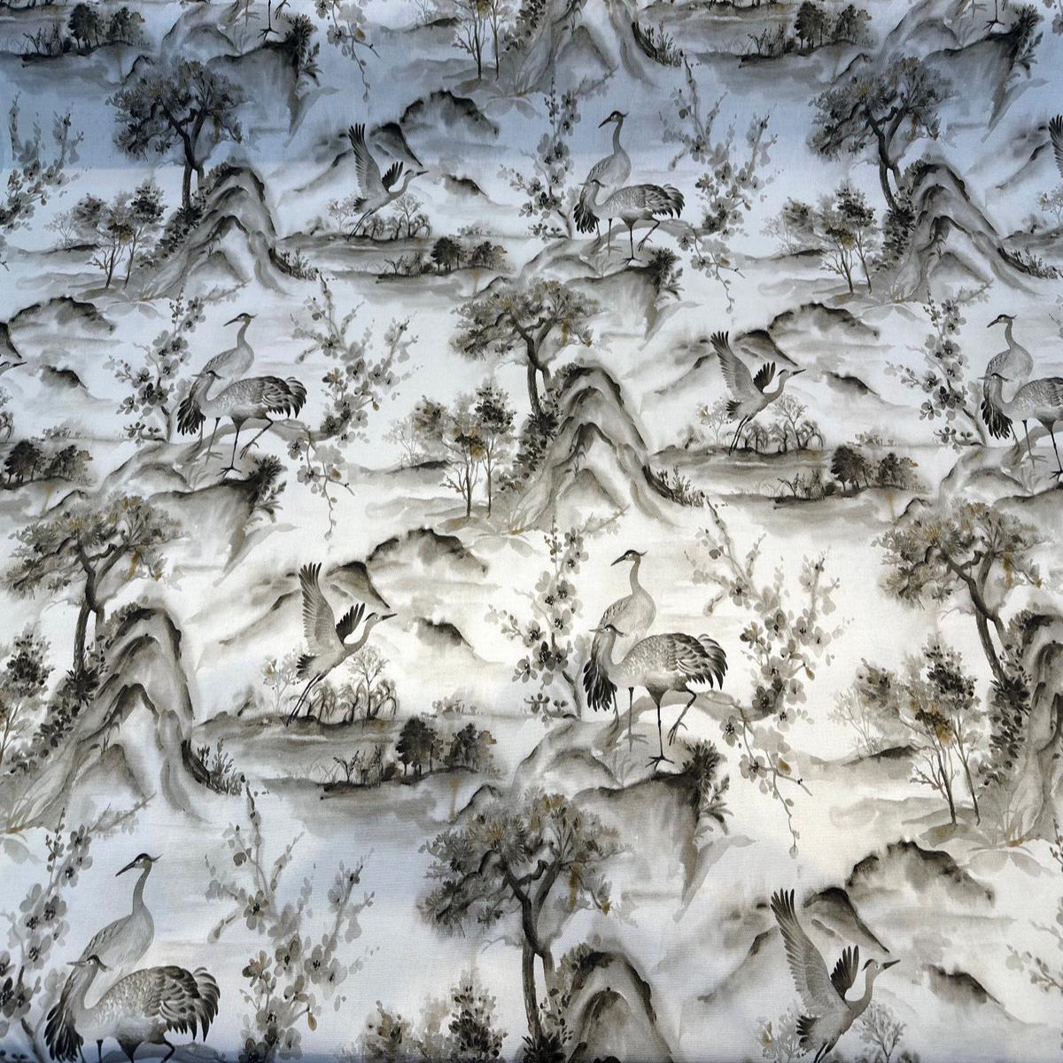 Nikita Egret Bird Pewter White Drapery Upholstery Fabric by the yard