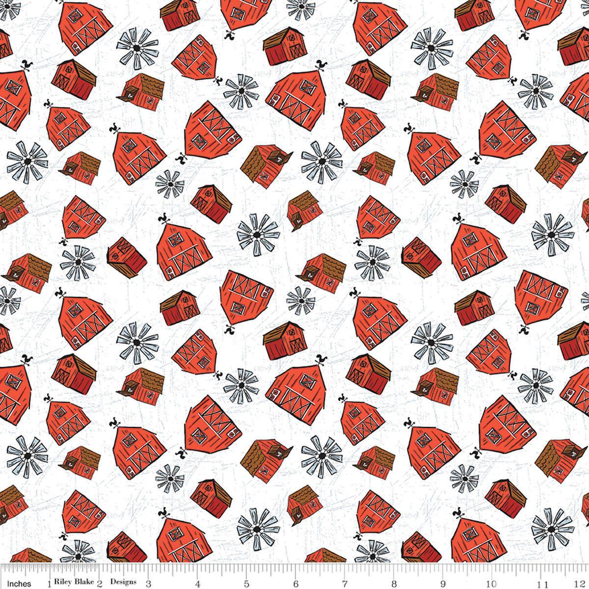 27" End of Bolt - Farm Livin' Barn Toss C15183 White - Riley Blake Designs - Windmill Shed Building - Quilting Cotton Fabric