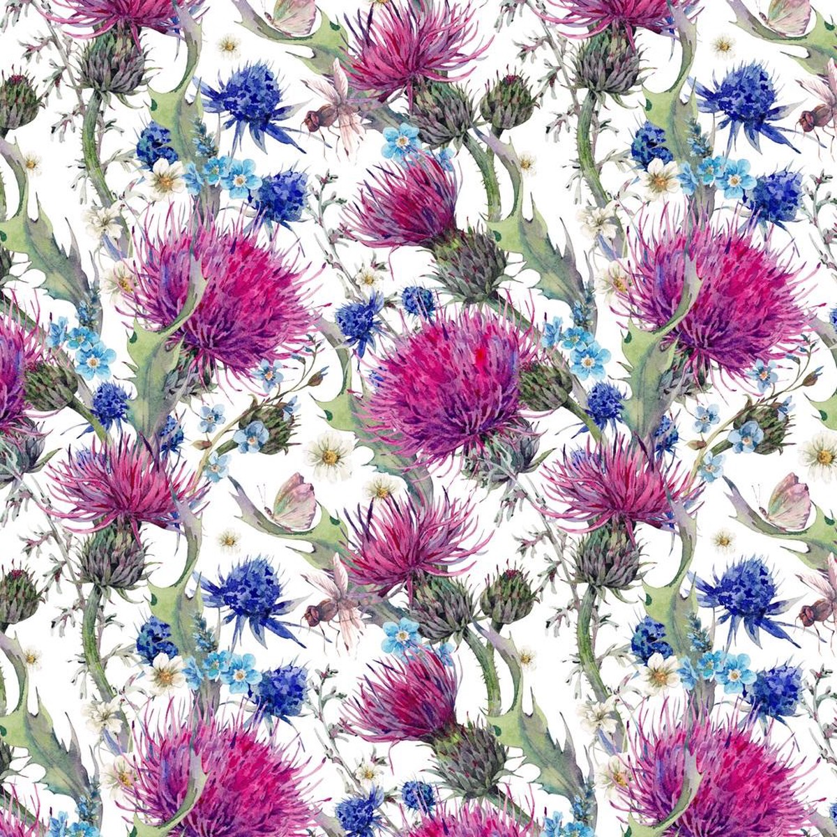 Watercolor Thistles Wildflowers Fabric