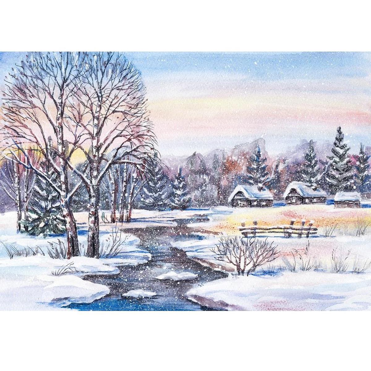 Cabins In The Snow Covered Valley Fabric Panel