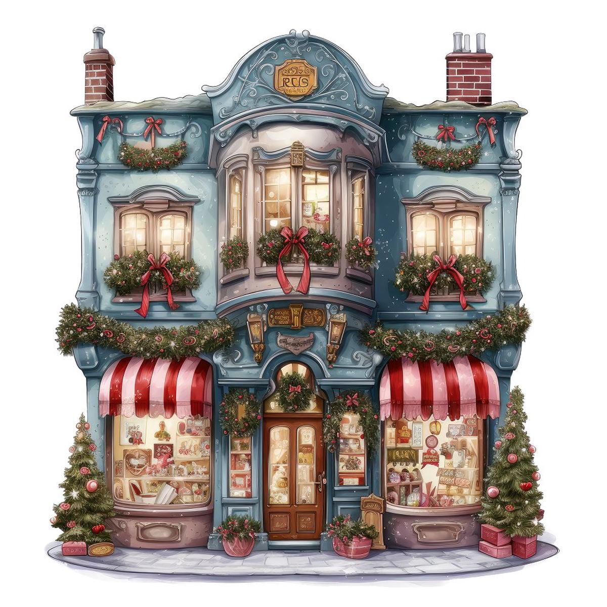 Christmas Gift Shop Storefront Fabric Panel - Dark Blue