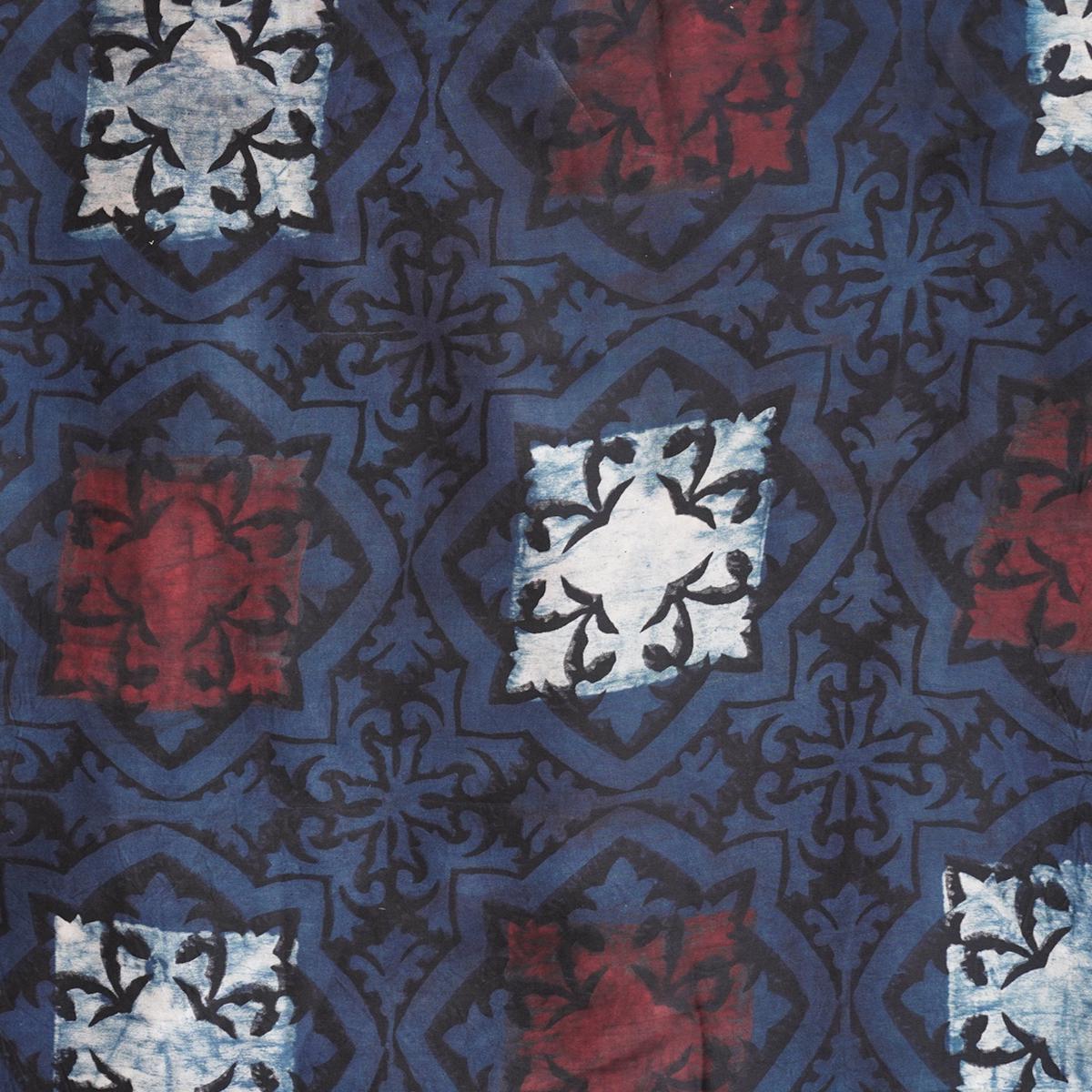Modal Silk Ajrak Blue With Big Contemporary Intricate Flower Tile Design Hand Block Print Fabric