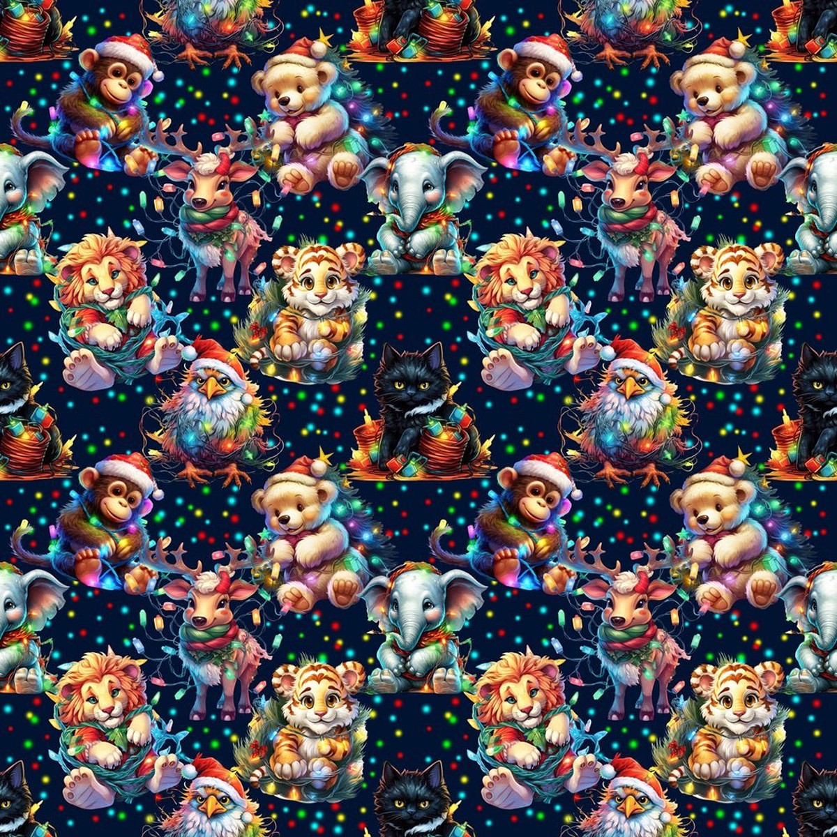 Animals Bundled In Christmas Lights Fabric