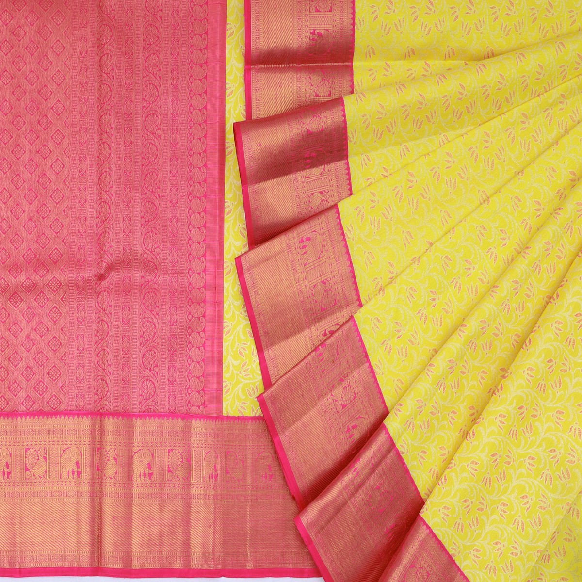 Kanchipuram Silk Jaal Neon Yellow Saree DM