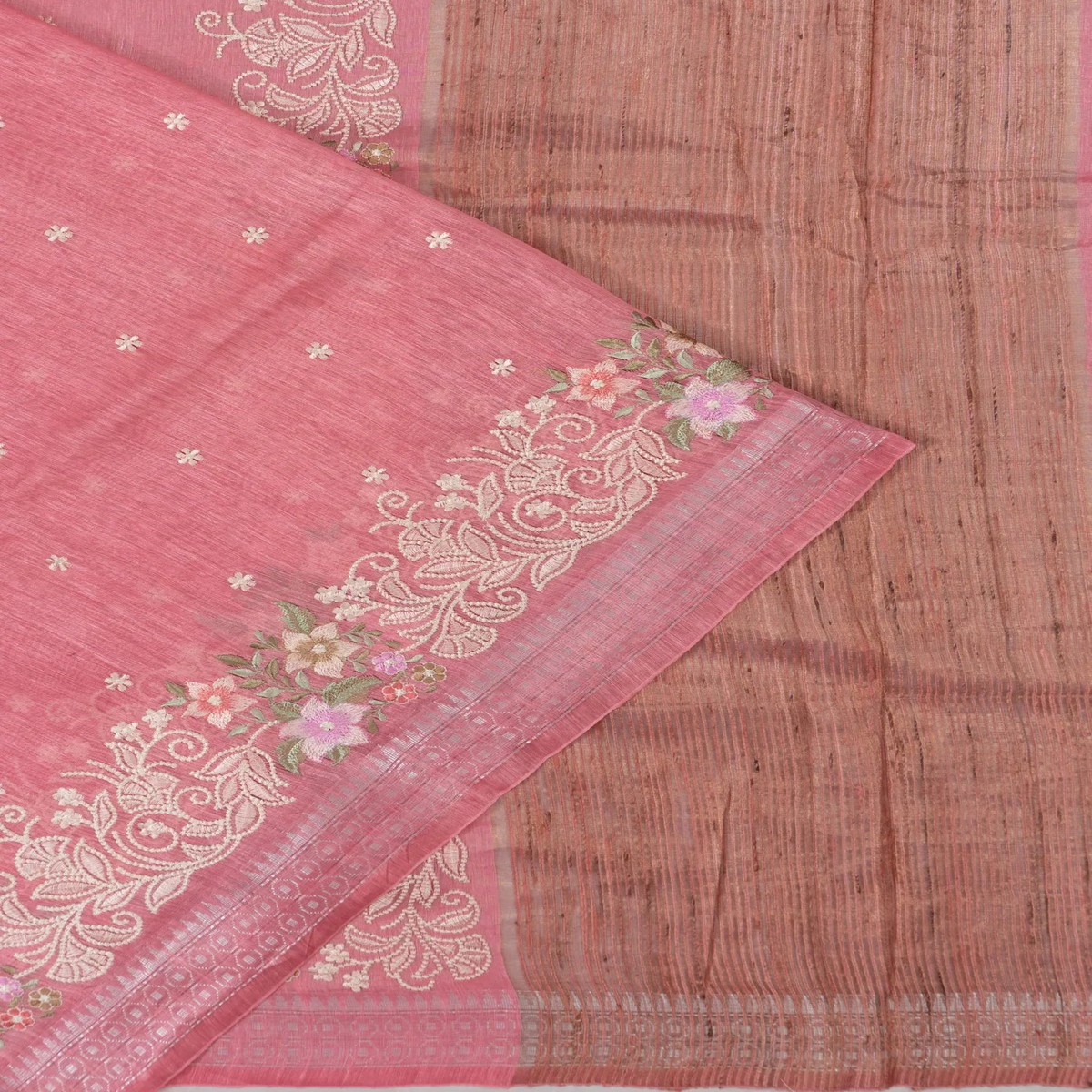 Linen Embroidery Butta Pink Saree