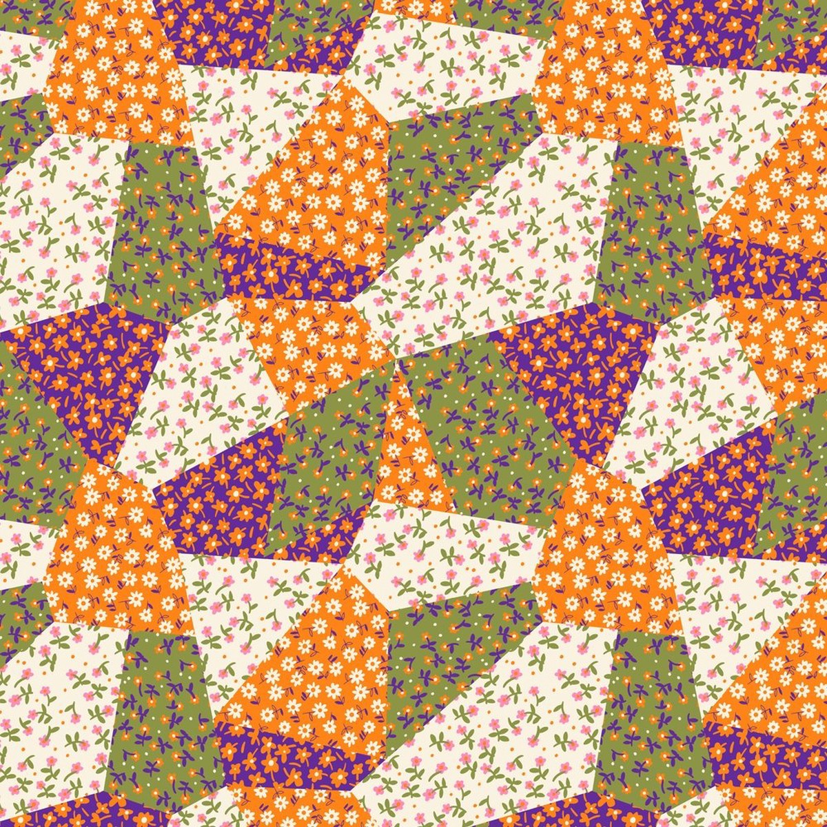 Patchwork Daisies Fabric - Orange