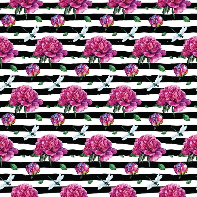 Blooming Peonies & Dragonflies On Stripes Fabric - Black