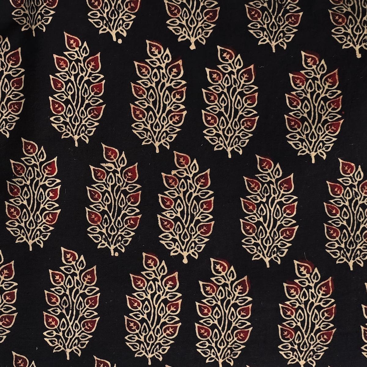 Pure Cotton Ajrak Vegetable Dyed Black With Red And Cream Flower Plant Motif Hand Block Print Fabric