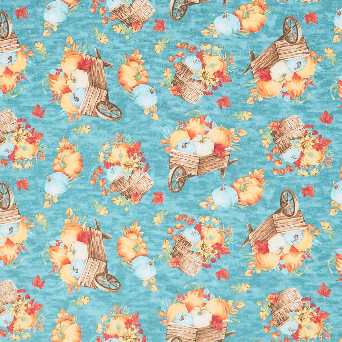 Autumn Blessings - Autumn Wheelbarrows & Cornucopias Teal Yardage