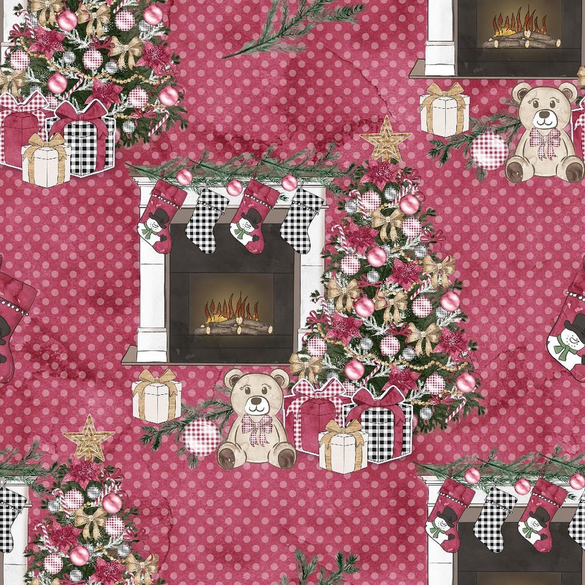 Christmas Home Fireplace on Dots Fabric - Red