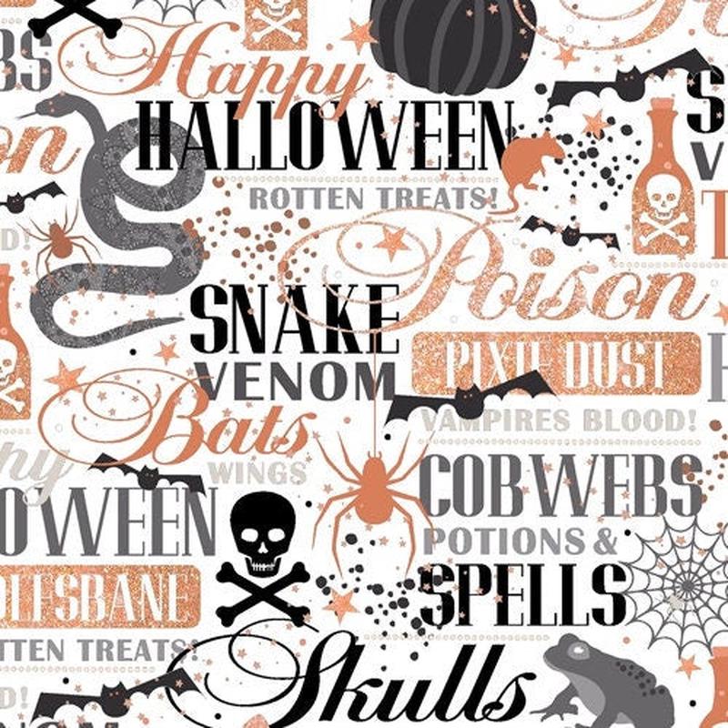 Potions and Spells by Studio 8 Copper Metallic Words on White Cotton Woven Fabric 24495-Z