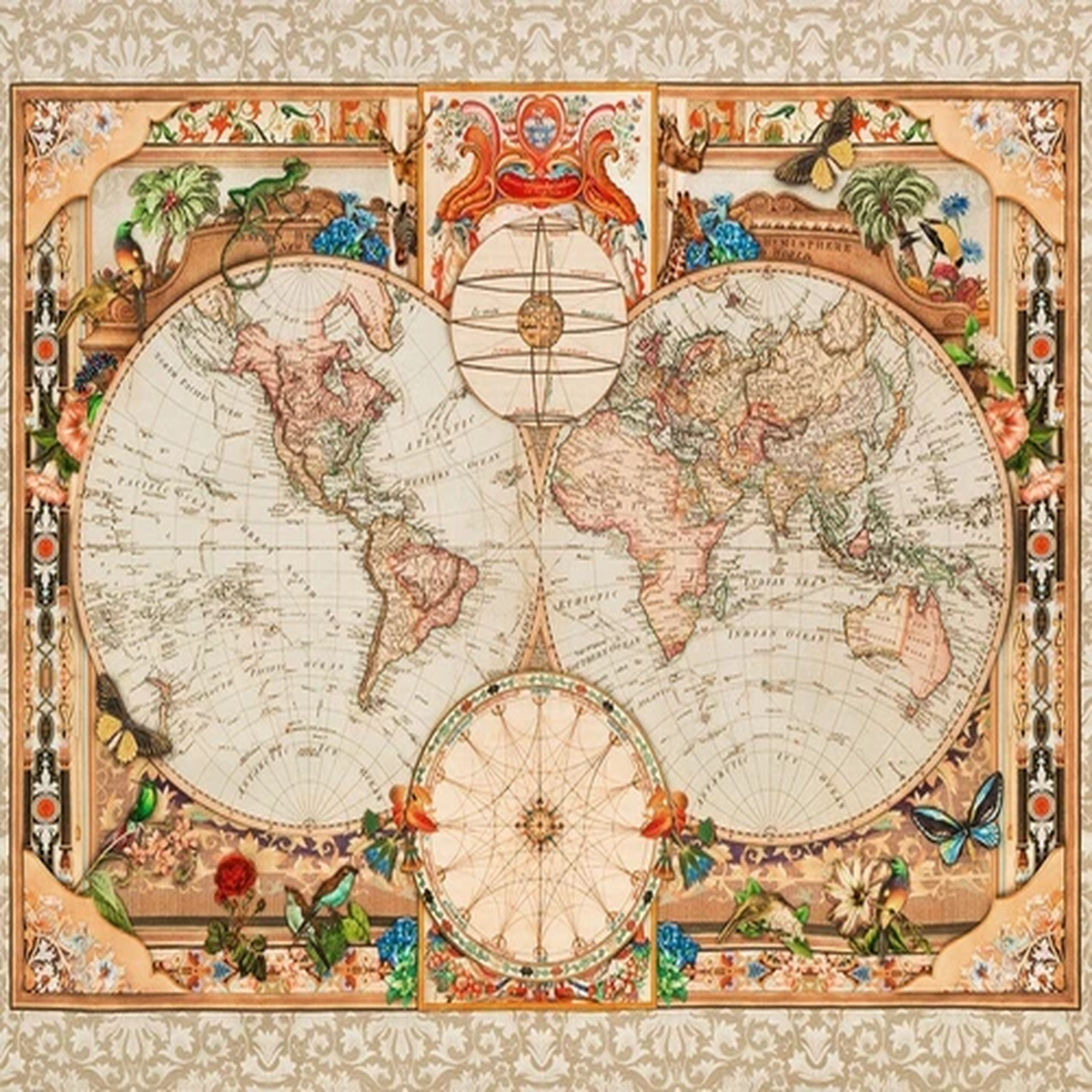 36" X 44" Panel World Maps Library of Rarities Antique Cotton Fabric D775.13