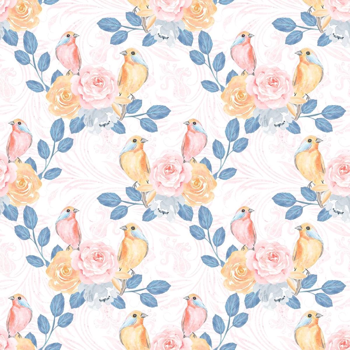 Cute Birds and Flowers 2 Birds Fabric