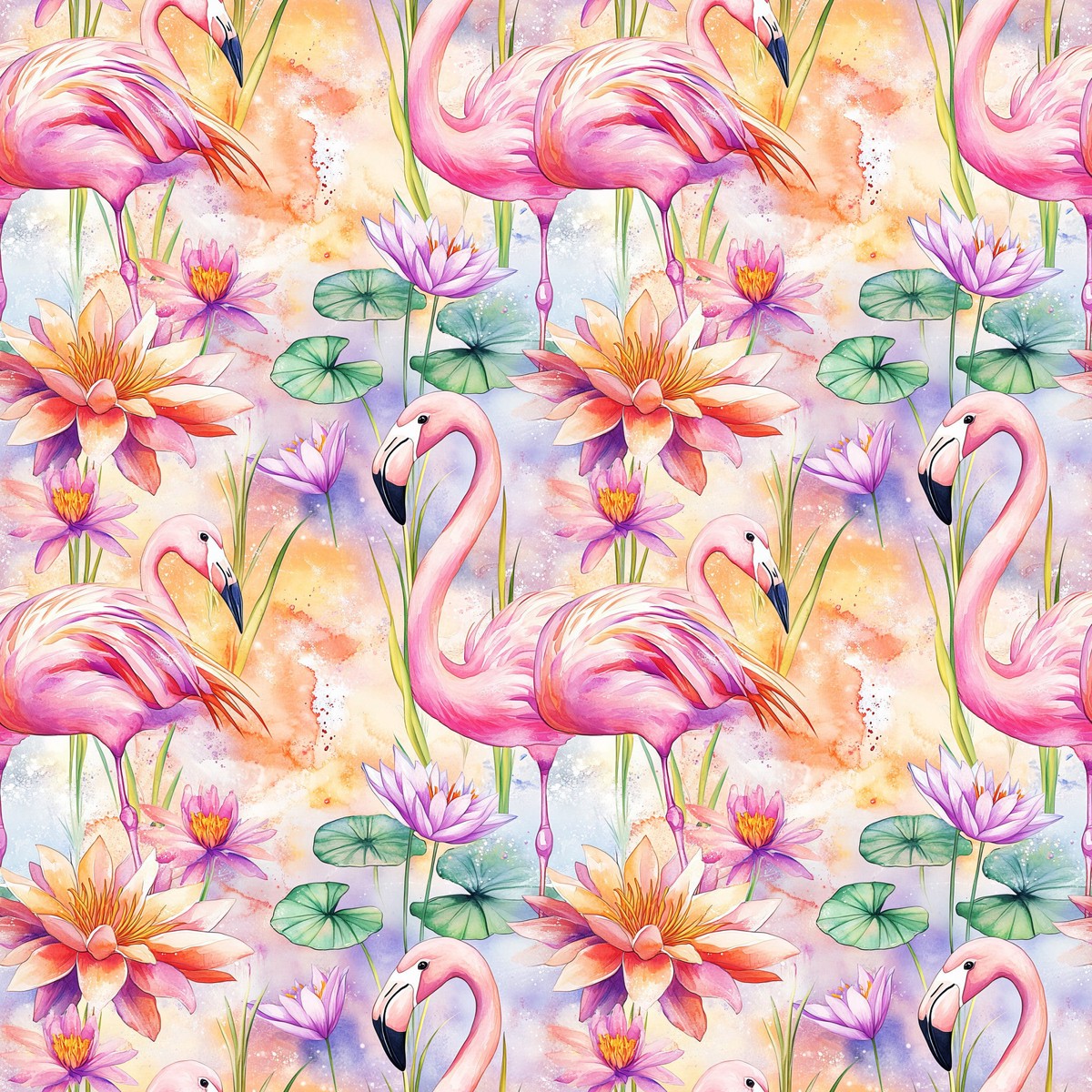 Tropical Flamingo Water Lilies Pattern 1 Quilting Cotton Fabric